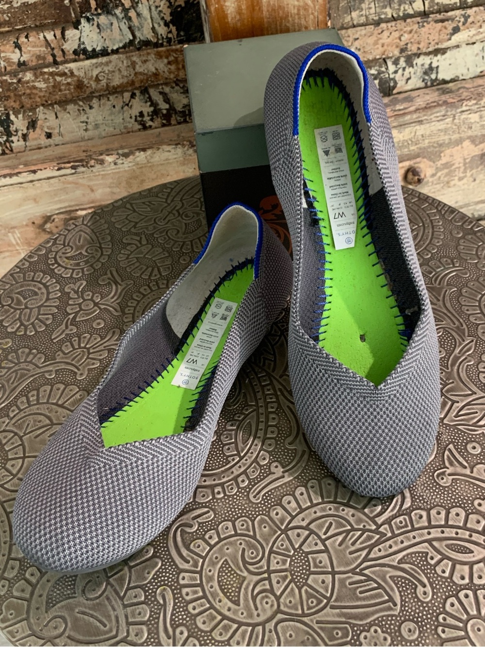 Rothy’s The Flat Slip-On Knit Ballet Flats Gray Birdseye NO INSOLES, EUC, 7